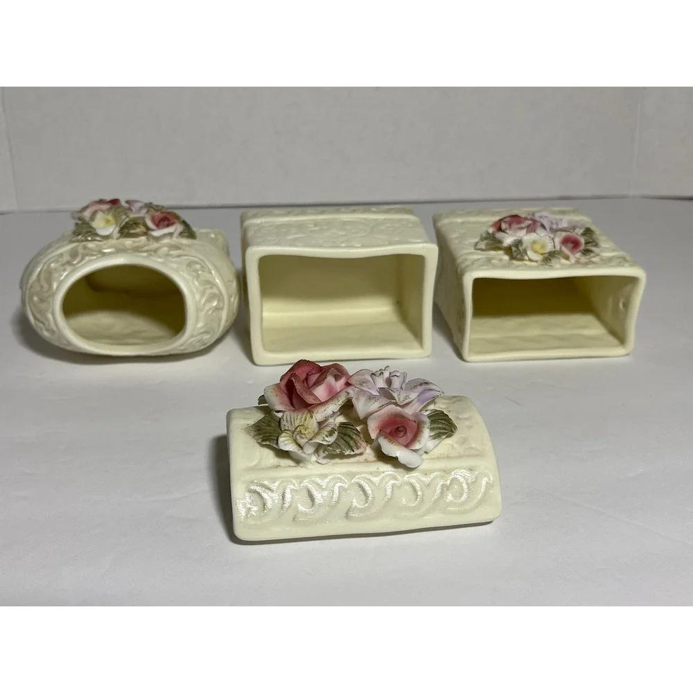 Vintage 90s Ceramic Vanity Set Cottagecore Heart Vase Trinket Box Brush Holder